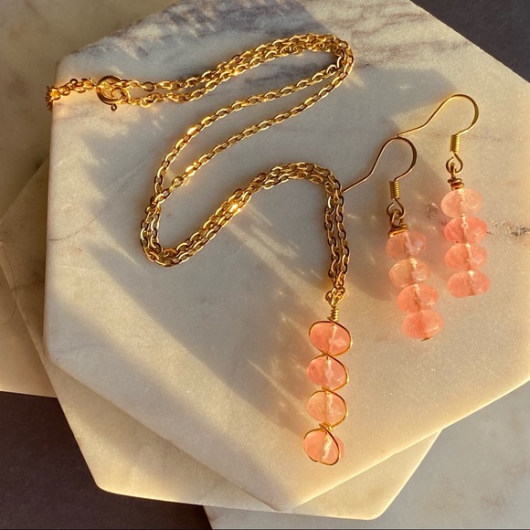 Cherry Quartz Jewelry set Pendant Necklace Dangle Earrings crystal jewelry - Picture 6 of 9